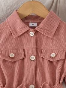 2pcs Young Girl Stylish Fashionable Turn-Down Collar Puff Sleeve Button-Up Long Sleeve With Detachable Cinched Waist A-Line Dress, Spring/Autumn - Dusty Pink - View 3