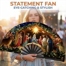1pc Christmas Nativity Scene Print Folding Hand Fan, Black Plastic Fan Bones, Lightweight Portable Holiday Accessory, Suitable For Daily Use, Travel And Holiday Gift - A - View 8