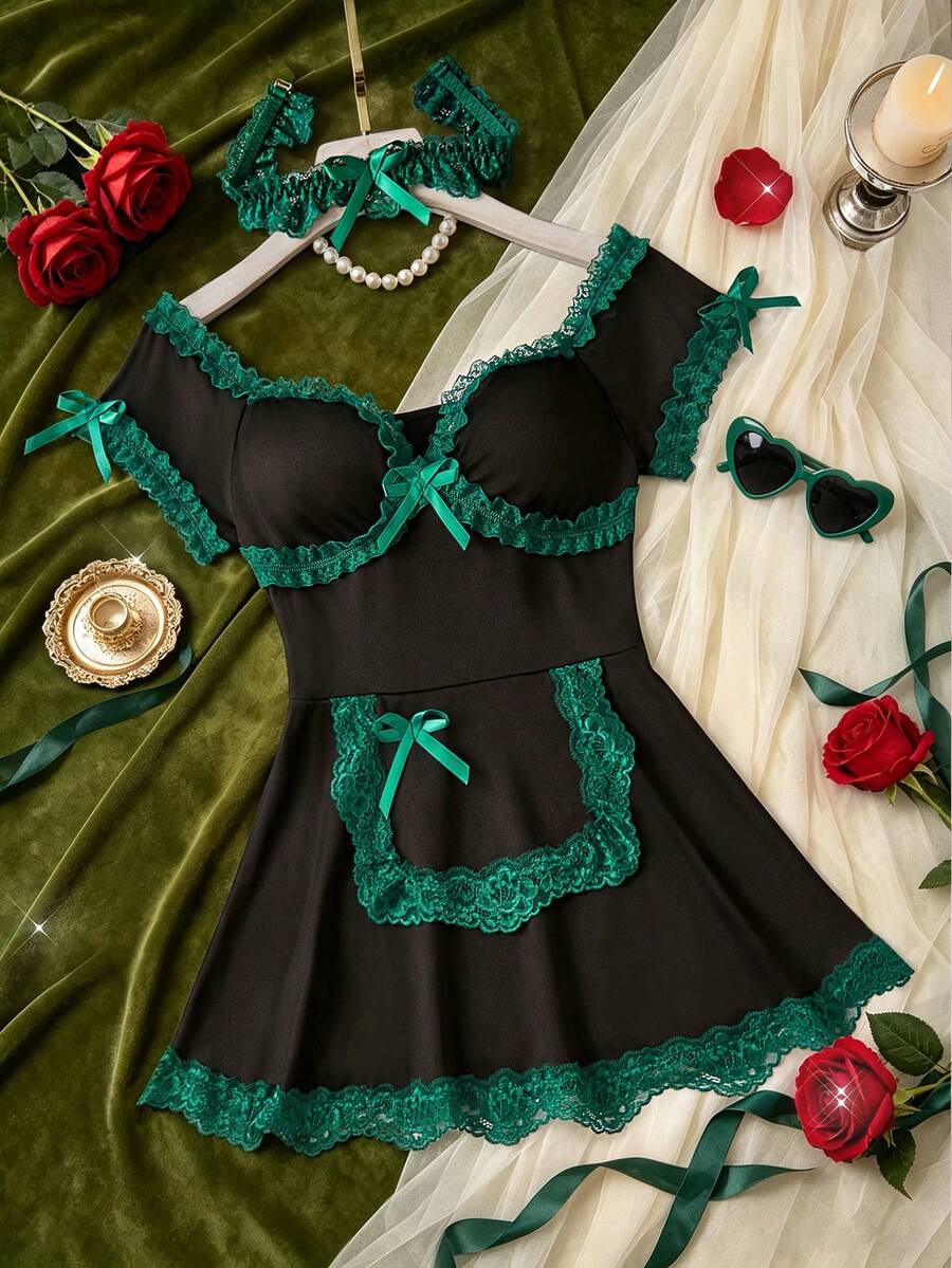 Women's Sexy 2 Pieces Maid Uniform Set, Bowknot Lace Collar, Deep V-Neck Bowknot Lace Contrast Color Lingerie Dress