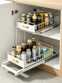 Pull‑Out Under Sink Organizer, Metal Spice Storage Rack, Storage Shelf, Heavy‑Duty Metal Kitchen Organizer, Smooth Pull‑Out Design, Space‑Saving Under‑Cabinet Storage Basket, For Storing Spice Supplies, Suitable For Kitchen And More - Multicolor - View 2