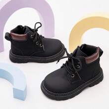 1 Pair Kids Black Contrast Color Lace-Up Side Zipper 2-Way Wear Ankle Boots, Suitable For Autumn/Winter Outdoor And School - Black - View 4