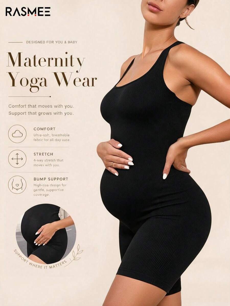 Maternity Yoga Jumpsuit, High Waist Design, Soft Elastic, Non-See Through, Suitable For Postpartum, Black Spring Sports Style, Soft And Comfortable - Black - View 1