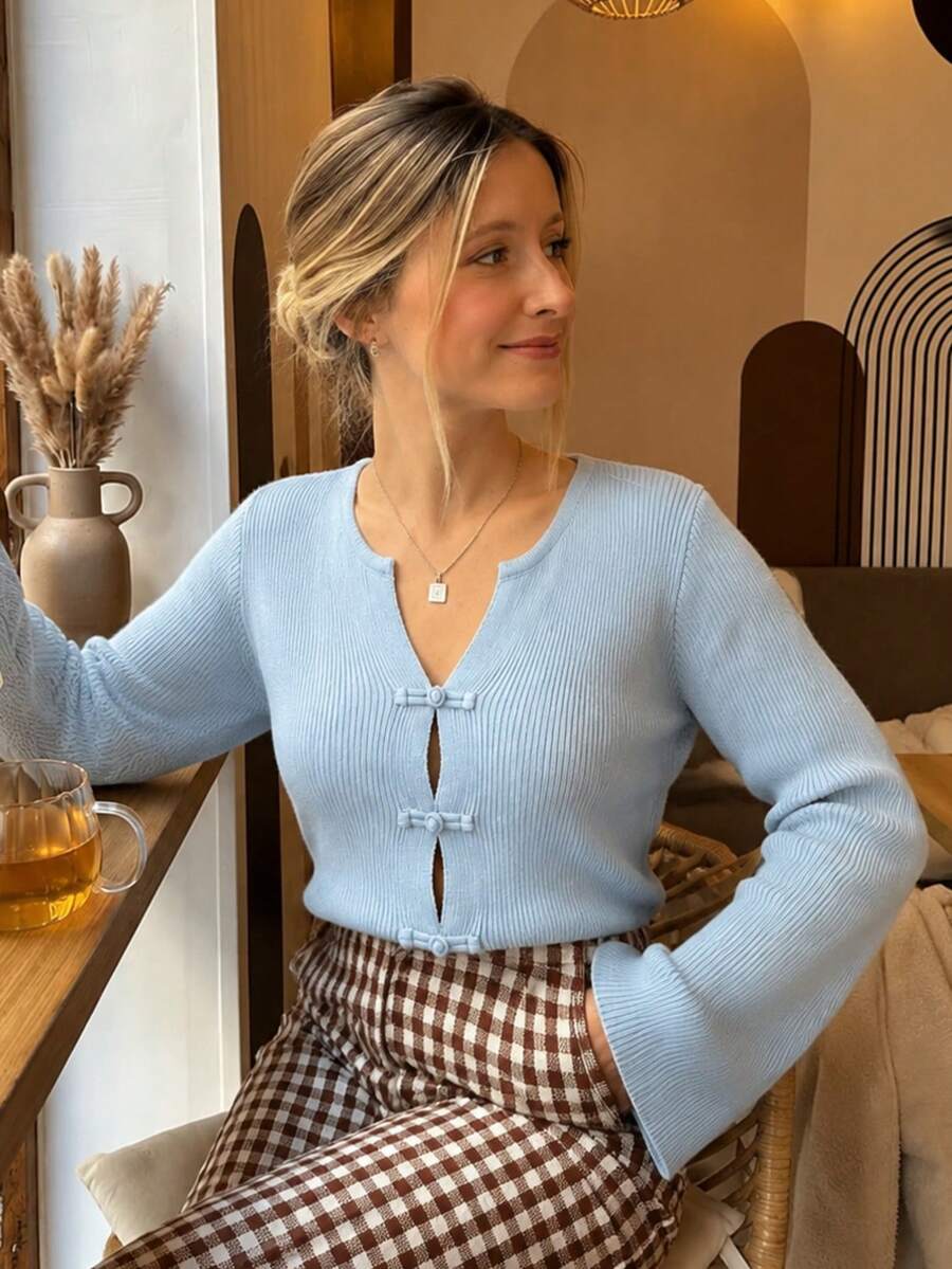 Women's Light Blue Ribbed Knit Cardigan, Chinese Frog Button Flare Long Sleeve Cropped Top, Elegant Fall Winter Outfit For Office Cafe & Daily Commute - Baby Blue - View 1