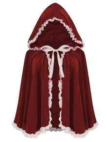 1 Set Red Hooded Cape With Black Lace Trim, Little Red Riding Hood Cape, Suitable For Halloween Cosplay, Gothic Costume, Carnival, Masquerade, Christmas Party And Stage Performance, 60CM, 80CM, 100CM - Multicolor - View 4