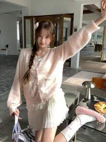 Korean Style Soft Knit Cardigan Women Autumn/Winter Lace Pocket Bow Short Sweater Jacket Loose Fit Top - Pink - View 4