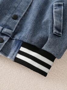 MYVLNA Unisex Baby Blue Denim Baseball Jacket, Bear & Letter/Number Patch Decor, Black & White Striped Ribbed Collar, Cuffs & Hem, Single-Breasted Snap Front, Slanted Pockets, Casual Collegiate Style - Blue - View 6