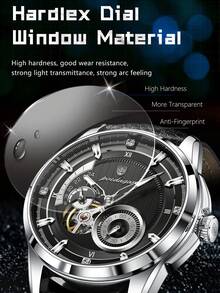 POEDAGAR 1pc Business Men's PU Leather Automatic Mechanical Skeleton Tourbillon Watch, Fashion Waterproof Luminous Wristwatch For Daily Occasions, Men's Gift - one-size - View 4