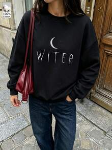 Oversized Women's Sweatshirt For Autumn/Winter, Casual Daily Wear, Long Sleeve Hoodie, Outerwear Top, Y2K, Letter Slogan Graphic, Unisex,Black - Black - View 3