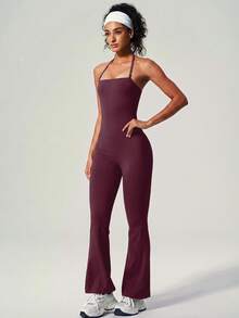 UONNOU Peach Butt-Lifting Flare Leg Jumpsuit, Halter Square Neck Backless Yoga Jumpsuit - Burgundy - View 8