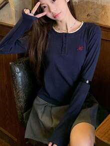 Women's Long Sleeve Henley Neck T-Shirt, Contrast Trim And Embroidery, Regular Length Top, With Button Detail - Navy Blue - View 4