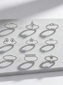 9pcs LOVE Letter Star & Heart Pendant Rings Set, Suitable For Women's Date, Music Festival, Party Stacking - Silver - View 5