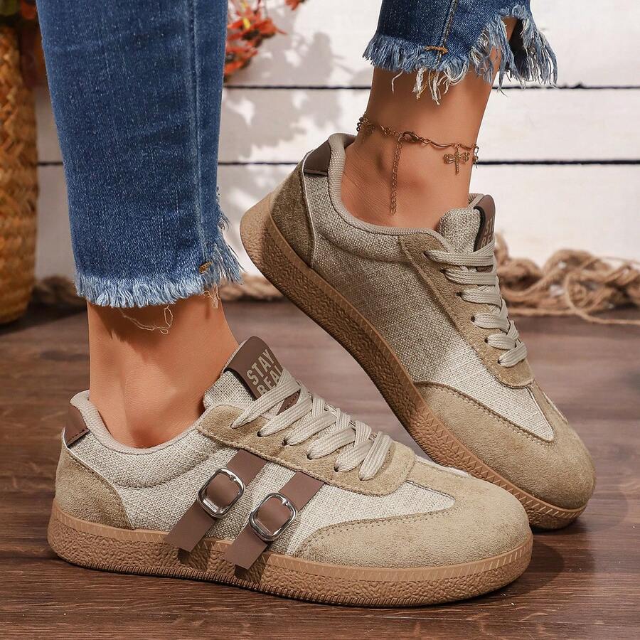 New Fashion Colorblock Women's Flat Round Toe Lace-Up Casual Shoes, Sports Lace-Up Home Wear - Khaki - View 1
