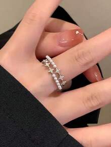 1pc Fashionable Exquisite Cubic Zirconia Starburst Faux Pearl Open Ring Suitable For Women's Daily Wear And Party - Silver - View 8