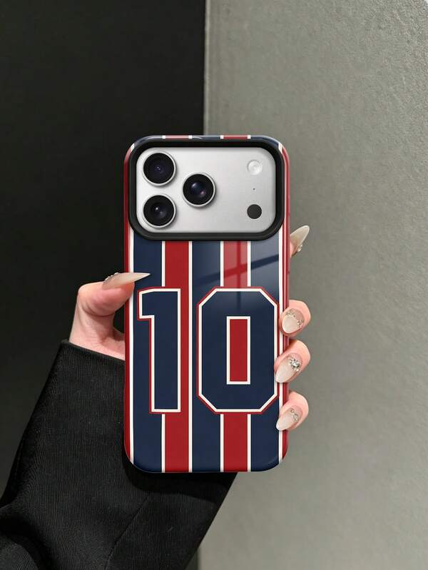 1PC Fashionable Red & Blue Striped Soccer Jersey Phone Case, #10 Sports Style Print, Sky Window Glossy Hard Shell, Anti-Drop Ultra-Thin Protective Cover, Smooth Surface With Shiny Finish, Compatible With Apple 11/12/13/14/15/16/17/18 Pro Max Series, Y2K Soccer Aesthetic Street Style, Gift For Soccer Fans