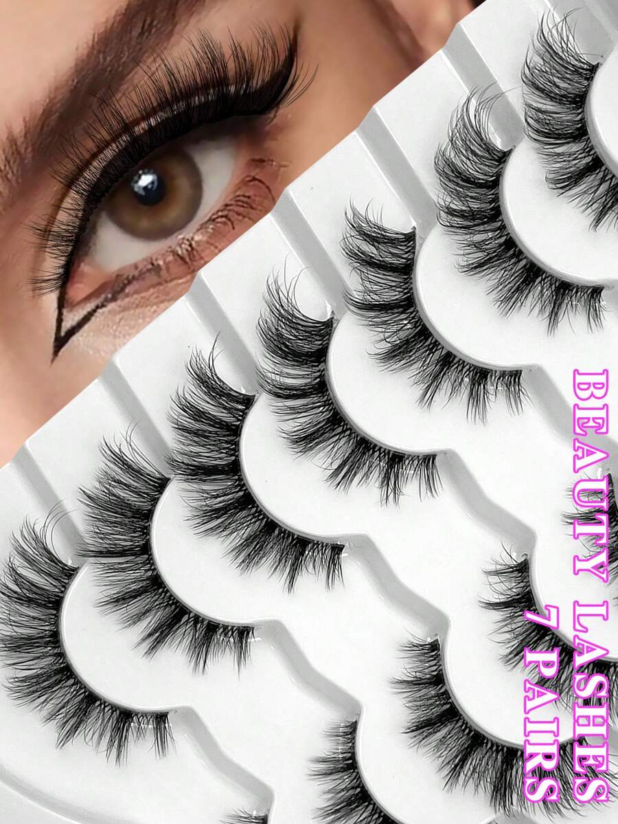 ENCHUW 7 Pairs False Eyelashes Natural Look Cat Eye Lashes With Clear Band Wispy Fake Eyelashes 3D Strip Lashes Soft Lashes Fluffy Natural Eye Lashes - Black - View 1