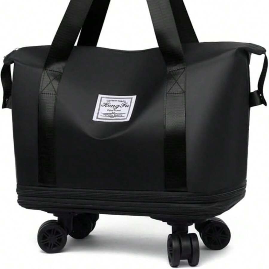 Bolsa de Viaje Expandible con Ruedas, Maleta de Lona Impermeable, Bolsa de Fin de Semana, Bolsa de Hospital, Gran Bolsa de Transporte con Bolsillo Húmedo para Viajes y Noche Negro