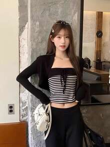 Fashionable 2 Pieces Set Black Elegant Long Sleeve Cardigan Short Jacket And Striped Bandeau Tank Top For Women Autumn/Winter - Black - View 9
