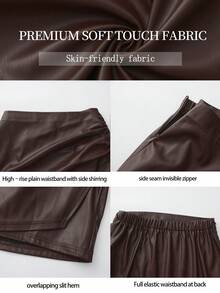 ARA CHIC Women Fall Brown Faux Leather Mini Skirt, Back Elastic Waist Invisible Zipper Bodycon Short Skirt For Club Going‑Out Daily - Coffee Brown - View 7