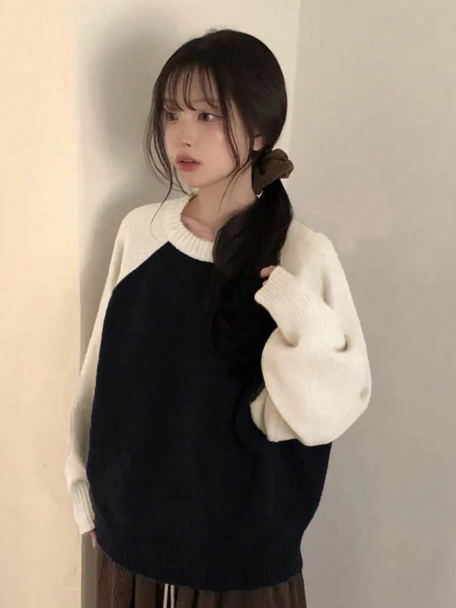 Korean Style Colorblock Knit Sweater For Women, Minimalist Loose Soft Flattering Casual Long Sleeve Base Layer Top - Black - View 1