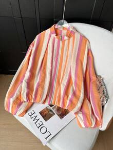 GMFP Women's Multi-Color Vertical Striped Stand Collar Short Zip-Up Jacket, Contrast Color Design Casual Vacation Style Top - Orange - View 6