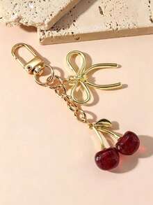 1pc Unisex Red Cherry Keychain, Fashionable 3D Bow Pendant, Luxury Style Exquisite Bag & Key Charm - Multicolor - View 1