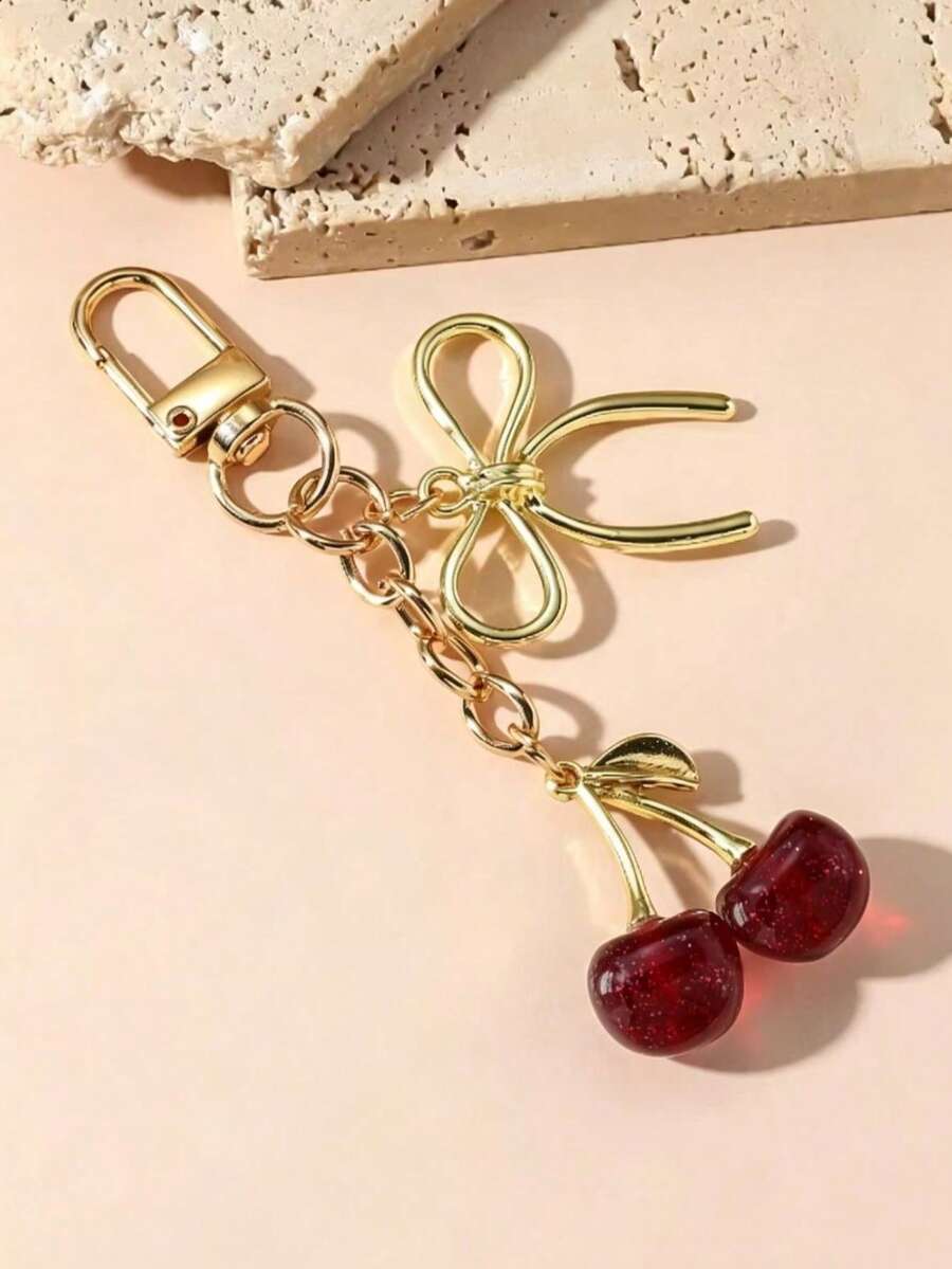 1pc Unisex Red Cherry Keychain, Fashionable 3D Bow Pendant, Luxury Style Exquisite Bag & Key Charm - Multicolor - View 1