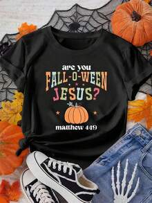 Men Halloween Graphic T-Shirt Are You FallOWeen Pumpkin Design With Matthew Bible Verse Black Casual Short Sleeve Round Neck Tee Lightwfall Tops Women - Black - View 1