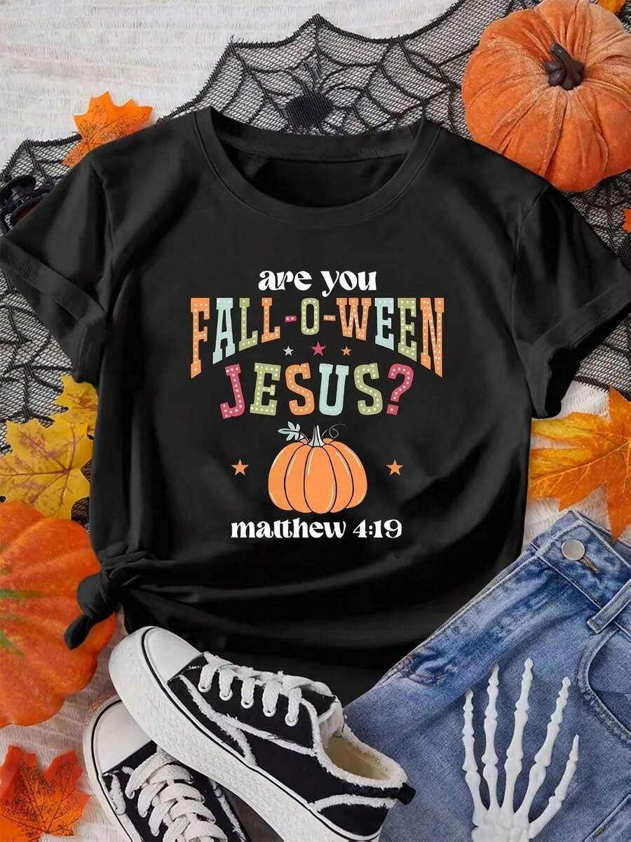 Men Halloween Graphic T-Shirt Are You FallOWeen Pumpkin Design With Matthew Bible Verse Black Casual Short Sleeve Round Neck Tee Lightwfall Tops Women - Black - View 1