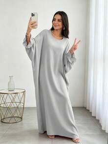 Gaun Abaya Panjang Lengan Panjang Longgar, Jubah Kasual Leher Bulat Panjang, Cocok untuk Pemakaian Sehari-hari - MultiWarna - View 7