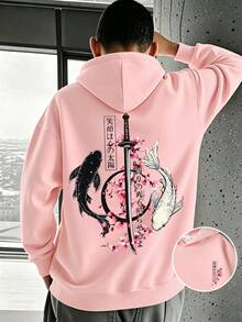 Sweatshirt Pullover Anak Laki-laki Gaya Jalanan Jepang, Motif Ikan Koi, Pedang Samurai, Bunga Sakura di Bagian Belakang, Lengan Panjang Longgar, Musim Semi/Gugur - Berwarna merah muda - View 7