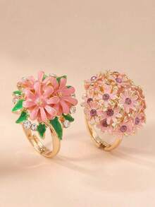 Rhinestone & Flower Decor Ring Valentines,Mom,Mother,Mother's Day,Gift - Pink - View 7
