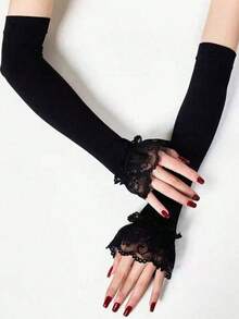 1 par de calentadores de brazos de punto sin dedos de longitud media para mujer, con ribete de encaje y puño falso, estilo elegante y dulce para uso diario, citas, fiestas, cosplay, Halloween y Navidad - Multicolor - Ver 1