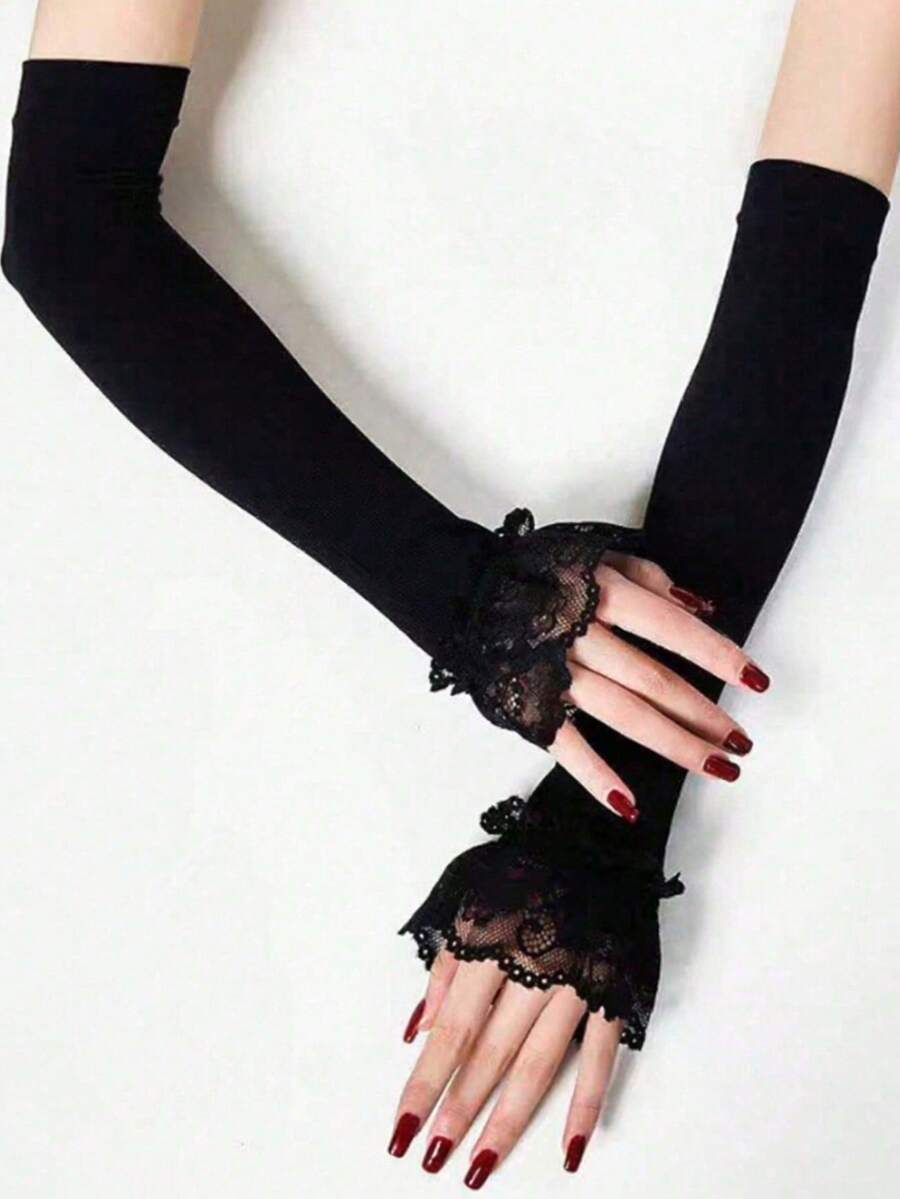 1 par de calentadores de brazos de punto sin dedos de longitud media para mujer, con ribete de encaje y puño falso, estilo elegante y dulce para uso diario, citas, fiestas, cosplay, Halloween y Navidad - Multicolor - Ver 1