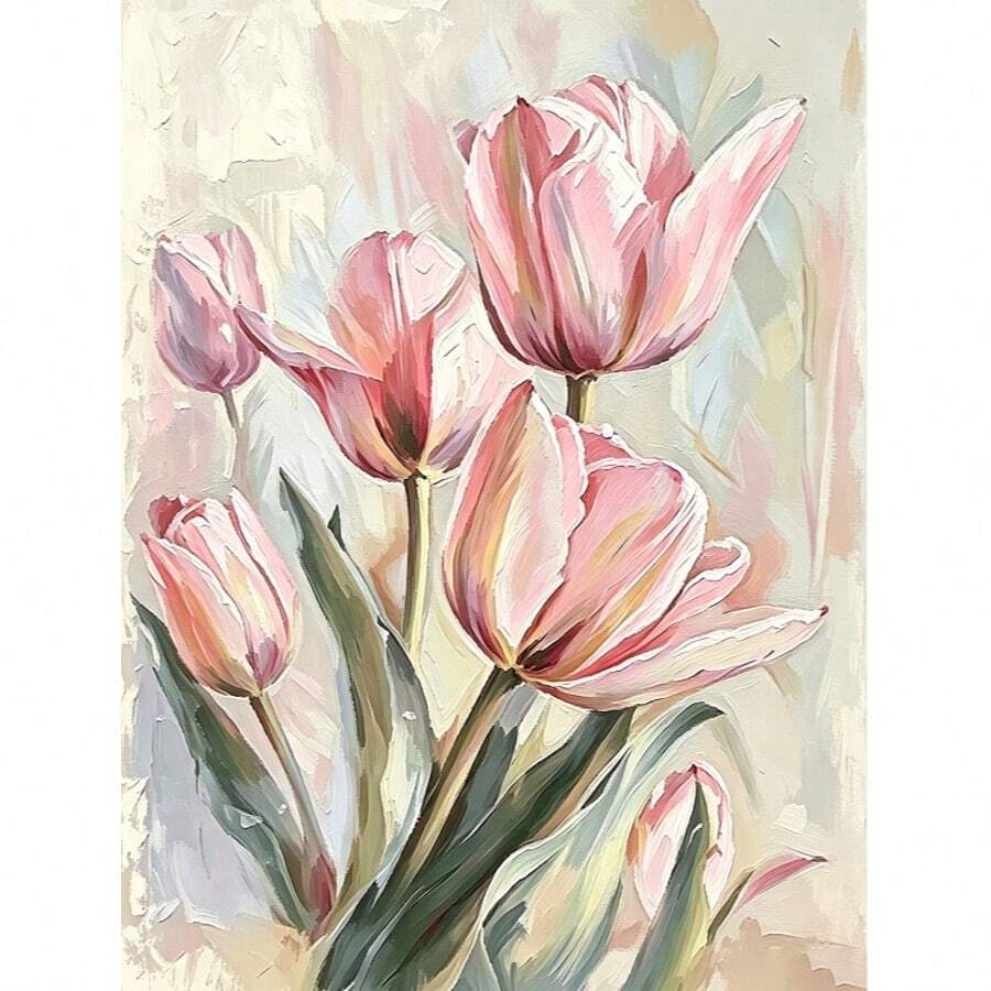 Full Drill Frameless Diamond Painting Oil Painting Pink Tulip 5D DIY Handmade Rhinestone Bedroom Entryway Decor Wall Art Suitable For Beginners - round diamond - View 1