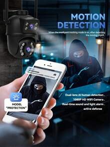 closeli 1pc Dual-Lens Wireless Security Camera, 3KP Dual-Eye PTZ Camera, IPX5, AI Motion Tracking, Color Night Vision, Two-Way Audio, Motion Alarm, Pan/Tilt, Video Surveillance, CCTV, Supports SD Card & Cloud Storage - Multicolor - View 7