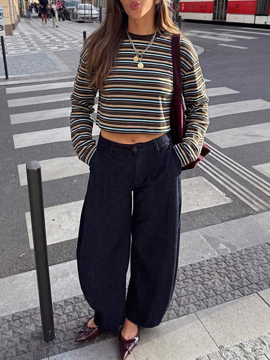 Women's Basic Knit Striped Long Sleeve Cropped T-Shirt, Autumn Outfit, Autumn Top, Commute Fashion Styling. - Coffee Brown - View 1