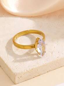 1pc Luxury Zirconia Open Ring, High-End Minimalist Stainless Steel Gold Finger Ring, Atmospheric Accessory For Women, Suitable For Daily Wear - Yellow Gold - View 2