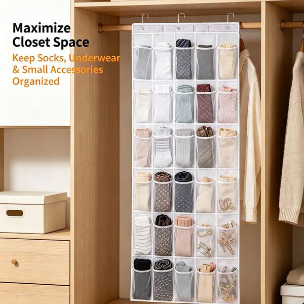 Over‑The‑Door Hanging Organizer With Metal Hooks,28 Deep Mesh Pockets Closet Door Storage Bag,Multi‑Purpose Hanging Shoe Holder For Shoes,Socks,Bras,Lingerie And Small Household Items
