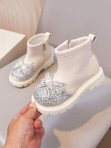 Children's Rhinestone Bow Boots, Baby Girl Side Zipper Soft Sole Autumn/Winter Ankle Boots, Easy To Put On And Take Off - Beige - View 7