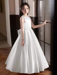 White Long Dress Formal Gown For Teen Girl Birthday Party, Wedding, Bridesmaid Dress With Big Bow - White - View 8