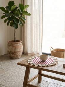 1/2/4/6/12pcs Red And White Striped Placemats, Fresh Natural Style, Fabric Material, Round Beige Ruffle Edge Detail, Stain-Resistant Protection For Tabletop And Decorative Enhancement, Suitable For Daily Tea And Natural Home Decor - Red - View 6
