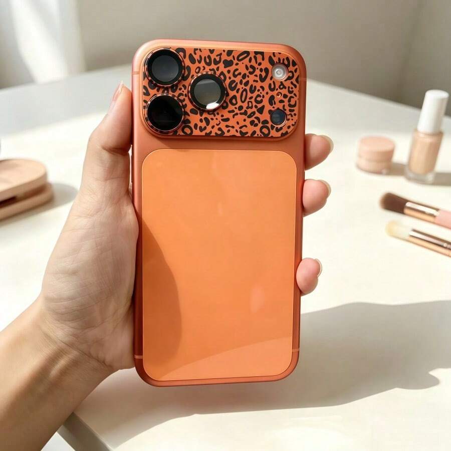 抗指紋全覆蓋相機鏡頭保護膜，適用於 iPhone 17 Pro Max/17 Pro，橘色豹紋圖案，送給她的生日禮物