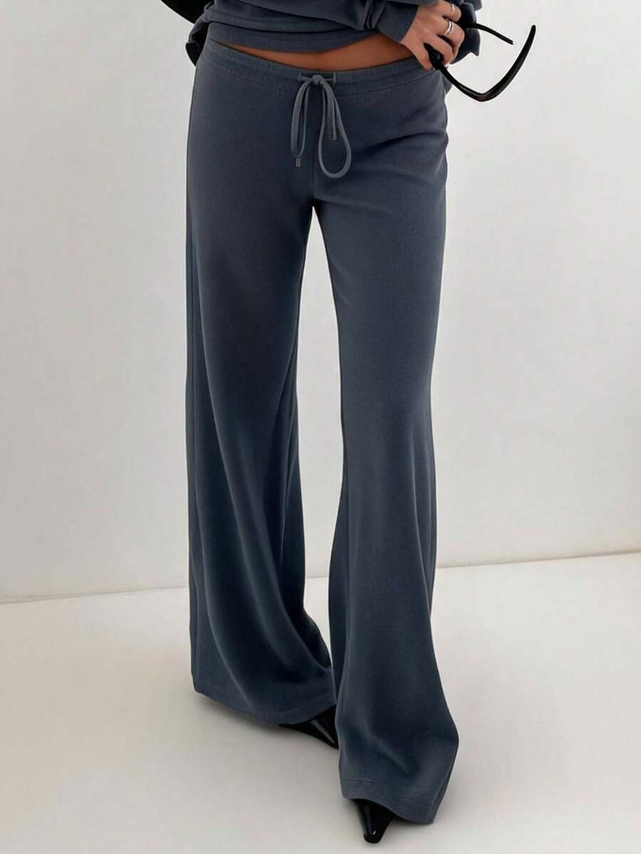 Women's Casual Solid Color Long Straight Leg Pants With Medium Stretch - Dark Grey - View 1