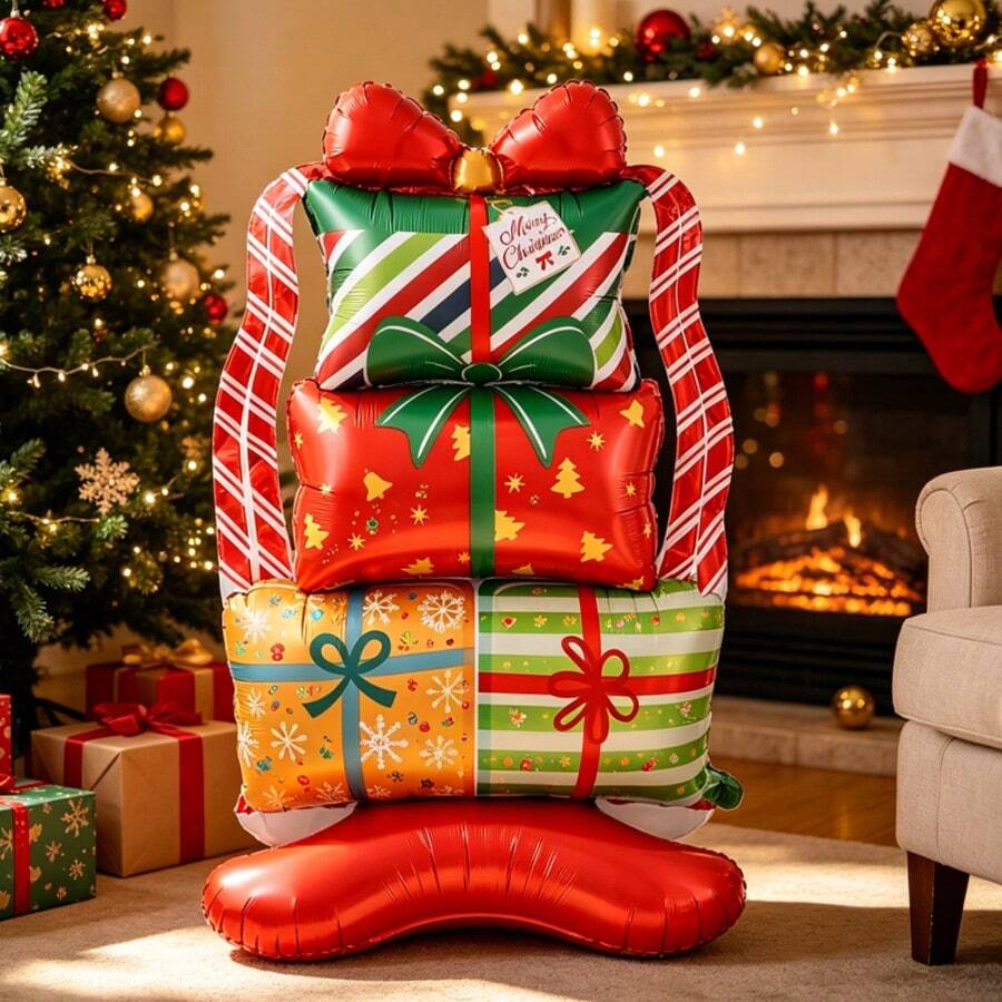 1pc Large Christmas Gift Stack Foil Balloon, Standing Christmas Gift Box Polyester Film Balloon, Merry Christmas Home Decor Holiday Party Photo Booth Prop - Standing Christmas Gift Box - View 1