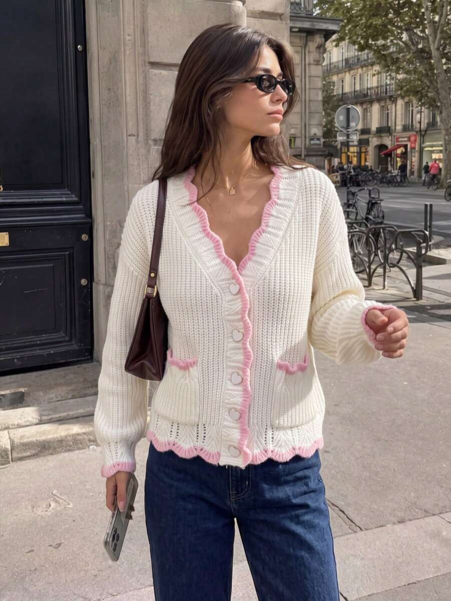 JIANHU Contrast Trim Drop Shoulder Cardigan White - White - View 1