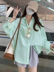 Autumn Casual Striped Drop Shoulder Loose Fit Shirt Random Patchwork - Green - View 1