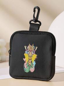 1pc Cartoon Giraffe Print Mini Coin Purse, Zipper Closure Small Pouch With Swivel Hook For Earphones Coins Tiny Accessories, Can Hang On Backpack - Multicolor - View 4