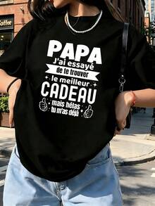 Contemporary Chic Style Cotton Women Graphic Tee, Family Theme Letter Print Short Sleeve T-Shirt, Holiday Gift & Daily Outfit - Black - View 1