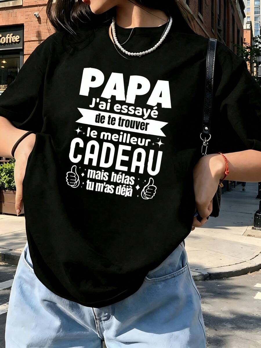 Contemporary Chic Style Cotton Women Graphic Tee, Family Theme Letter Print Short Sleeve T-Shirt, Holiday Gift & Daily Outfit - Black - View 1