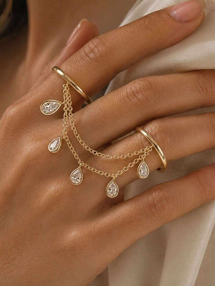 STONEFANS Women's Gold Rhinestone Double Finger Chain Ring, Teardrop Crystal Dangle Connected Ring Hand Jewelry For Party, Prom, Wedding & Vacation - Gold - View 1